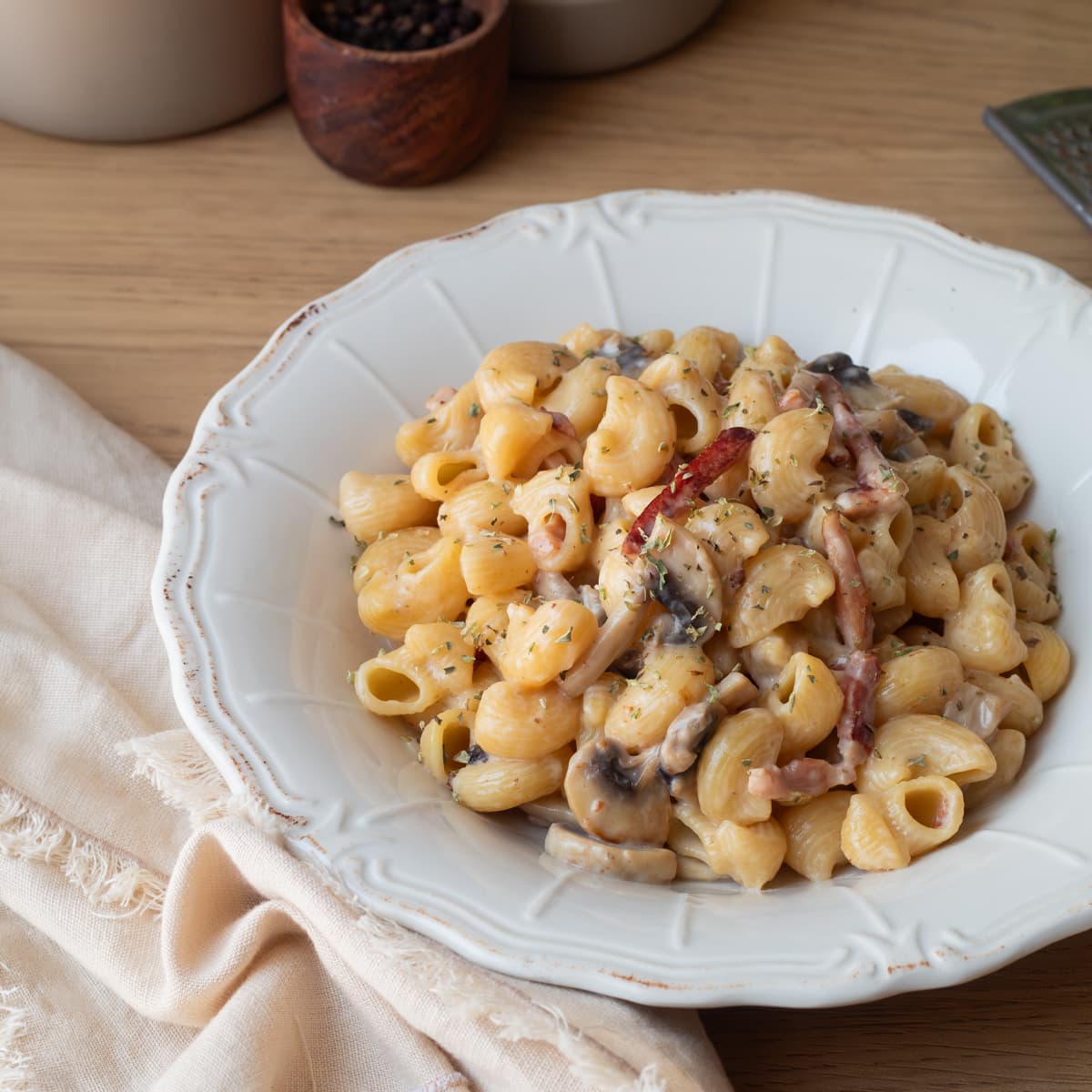 Pasta de champiñones y beicon en Olla GM