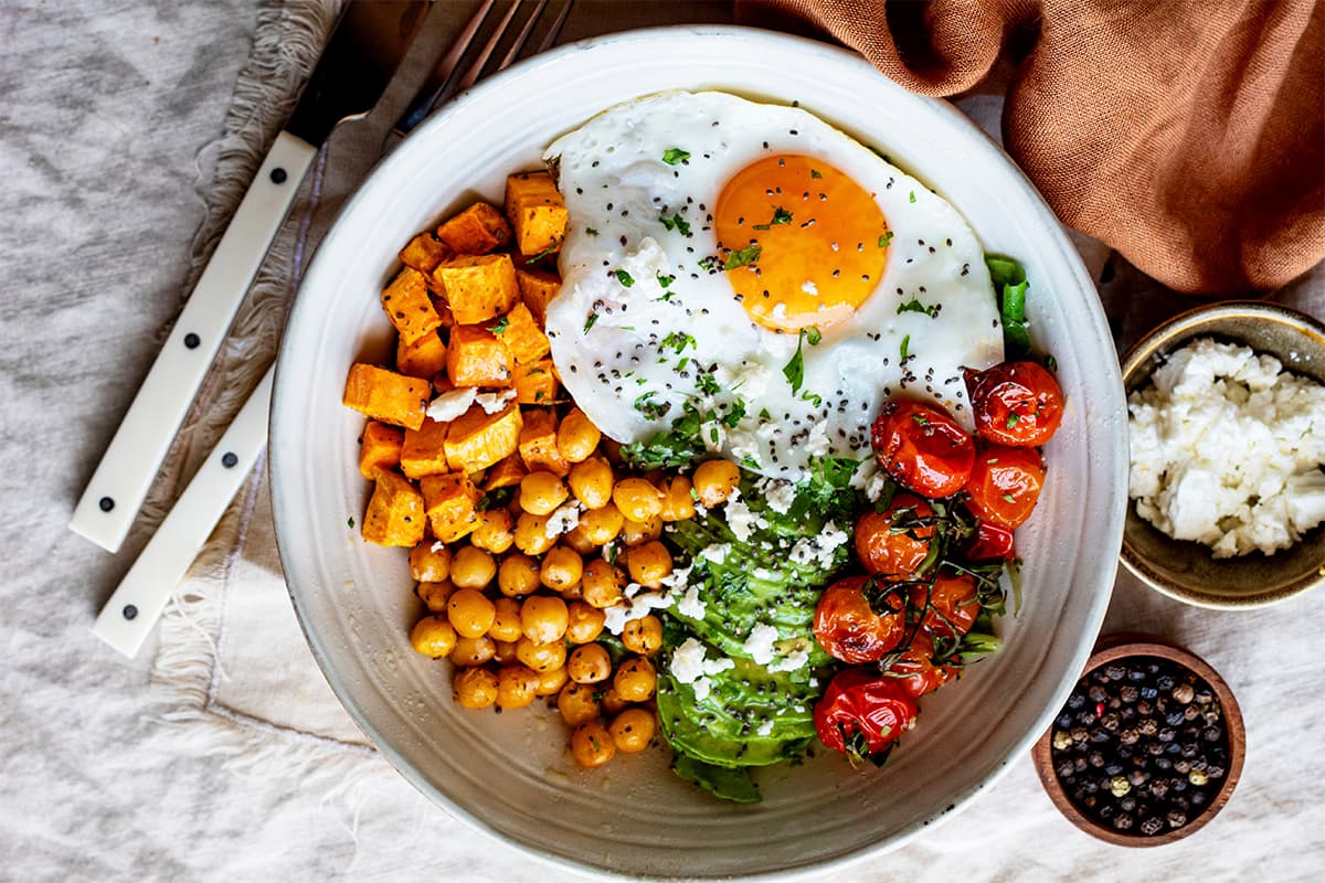 Ensalada templada de boniato y garbanzos en Olla GM