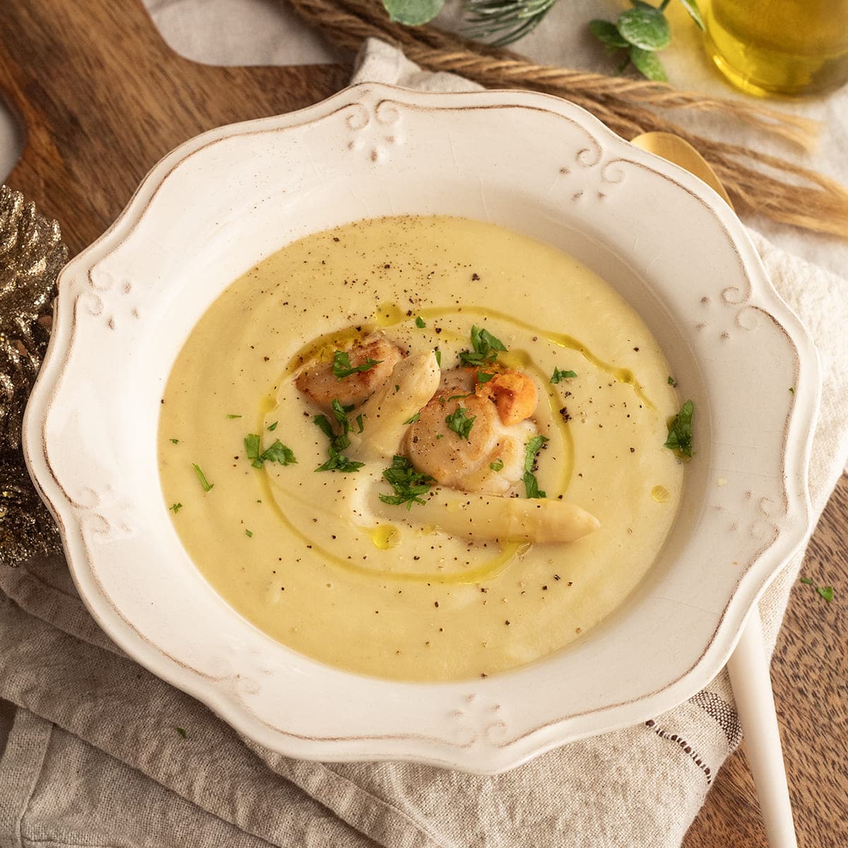 Crema de puerro con vieiras  en Ollas GM