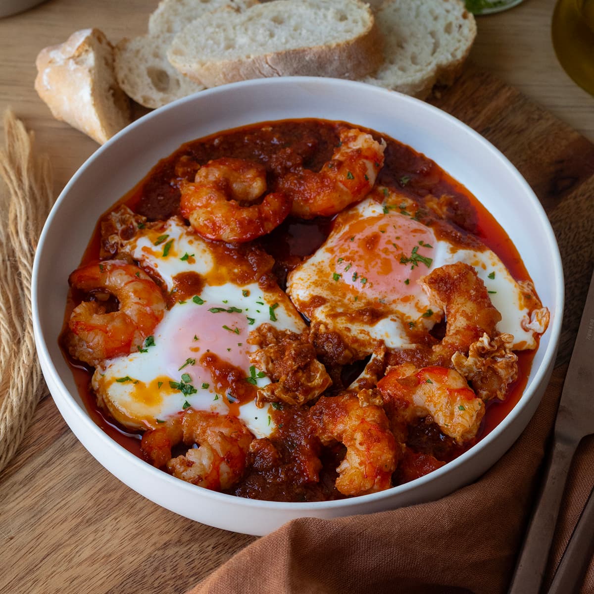 Gambas al ajillo con sobrasada y huevo en Olla GM