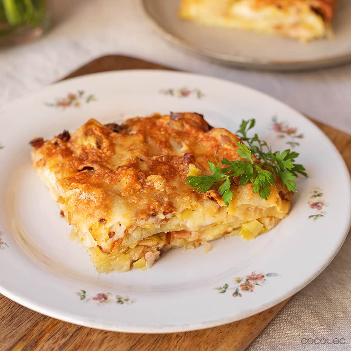 Lasaña de patata, puerro y beicon en Cecofry