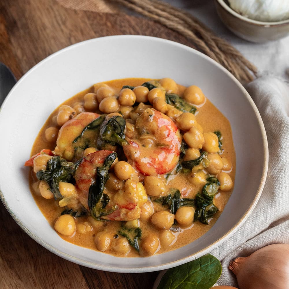 Curry de garbanzos con langostinos en Olla GM